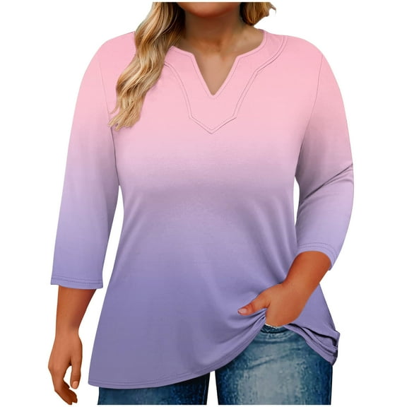 Fashion Olyvenn 3/4 Length Sleeve Womens Tops Plus Size Summer Notched V-Neck Oversized Tshirts Gradient Color Blouses Oversized Tops Purple L