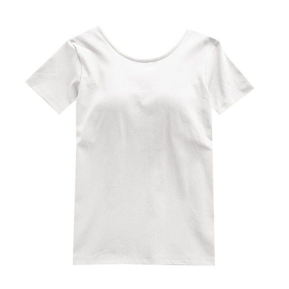 Fashion Olyvenn Built in Bra Tops Women Loose Fit Scoop Neck Short Sleeve Wear Summer Padded Bra Breathable Lounge T-Shirts White S