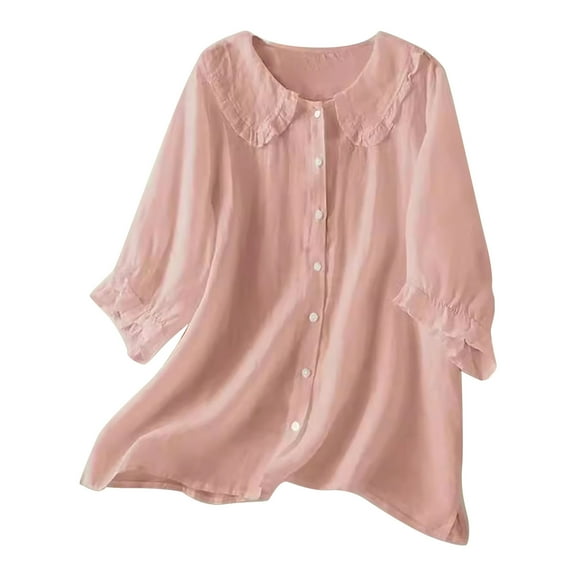 Fashion Olyvenn Cotton Doll Collar Half Sleeve Button Down Shirt Women's Casual Ruffle Sleeve Loose Fit Solid Color T Shirt Pink XXL