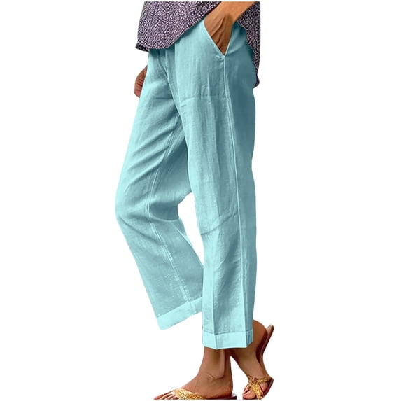 Fashion Olyvenn Cotton Linen Cropped Pants for Women Summer Elastic Waist Straight Wide Leg Boho Beach Trouser with Pockets Light Blue XXL