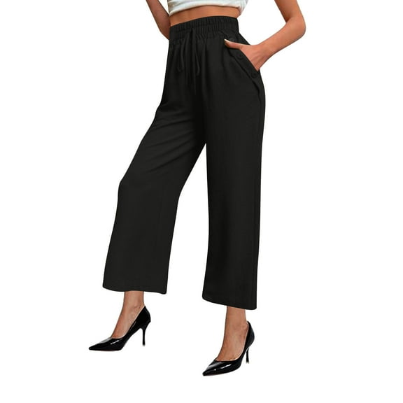 Fashion Olyvenn Cotton Linen Wide Leg Pants Women Casual Palazzo High Waist Flowy Trousers Lounge Summer Drawstring Pant with Pockets Black M