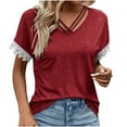 thumbnail image 1 of Fashion Olyvenn Criss Cross V Neck Tops for Women Lace Patchwork Short Sleeve Shirt Solid Color T Shirts Plus Size Loose Fit Blouse Wine S, 1 of 7