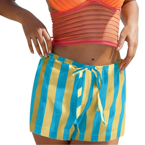 Fashion Olyvenn Drawstring Striped Boxer Shorts for Women Low Rise Wide Leg Casual Shorts Pajama Bottoms Lounge Pj Shorts Sky Blue S