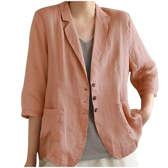 Fashion Olyvenn Fashion Cotton Linen Blouses for Women Comfy Solid Color Blazers Long Sleeve Casual Button Down Jackets Orange M
