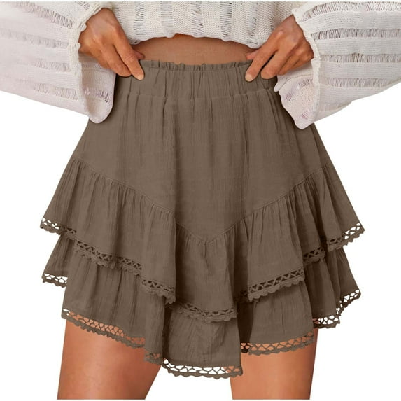 Fashion Olyvenn Flowy Shorts for Women Ruffle Skorts Mini Skirts High Waisted Teen Gilrs Tennis Skort Summer Shorts Coffee M