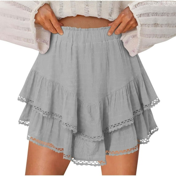 Fashion Olyvenn Flowy Shorts for Women Ruffle Skorts Mini Skirts High Waisted Teen Gilrs Tennis Skort Summer Shorts Gray XL