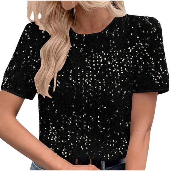 Fashion Olyvenn Glitter Sequin Tops for Women Short Sleeve Crew Neck Sparkly Sequins Pullover Tops Casual Fashion Funny Clothes Yellow 16-18