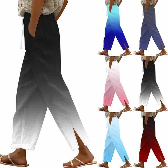 Fashion Olyvenn Gradient Cotton Linen Pants for Women Summer Gauze Drawstring High Waisted Wide Leg Trousers Beach Vacation Clothes Gray M