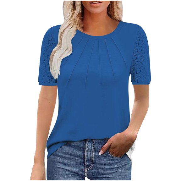 Fashion Olyvenn Ladies' Casual Tops Loose Solid Color Crewneck Blouse Lace Short Sleeve Pleated Tshirts Basic Tees Trendy Clothes for Women Blue XXL