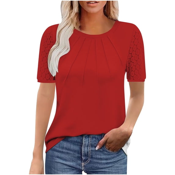 Fashion Olyvenn Ladies' Casual Tops Loose Solid Color Crewneck Blouse Lace Short Sleeve Pleated Tshirts Basic Tees Trendy Clothes for Women Red XXL