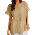 thumbnail image 1 of Fashion Olyvenn Linen Shirts for Women Plus Size Short Sleeve Casual Beach Top Crewneck Loose Fit Vintage Plain Summer Tshirt Blouses Khaki XXL, 1 of 6