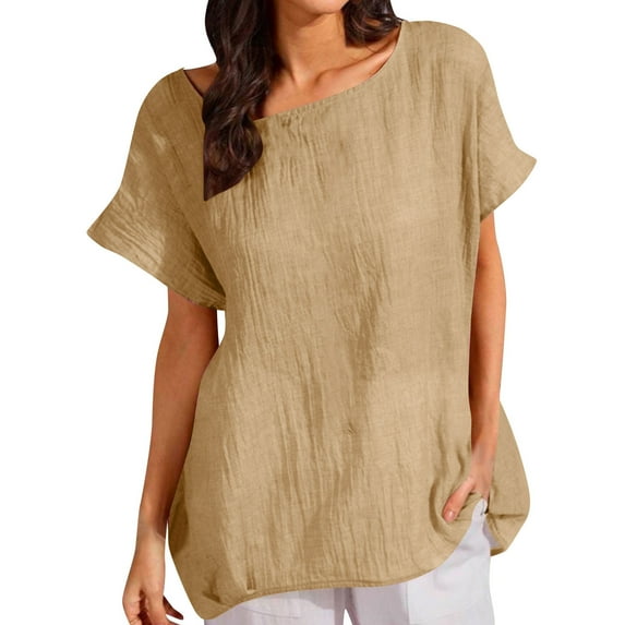 Fashion Olyvenn Linen Shirts for Women Plus Size Short Sleeve Casual Beach Top Crewneck Loose Fit Vintage Plain Summer Tshirt Blouses Khaki XXL
