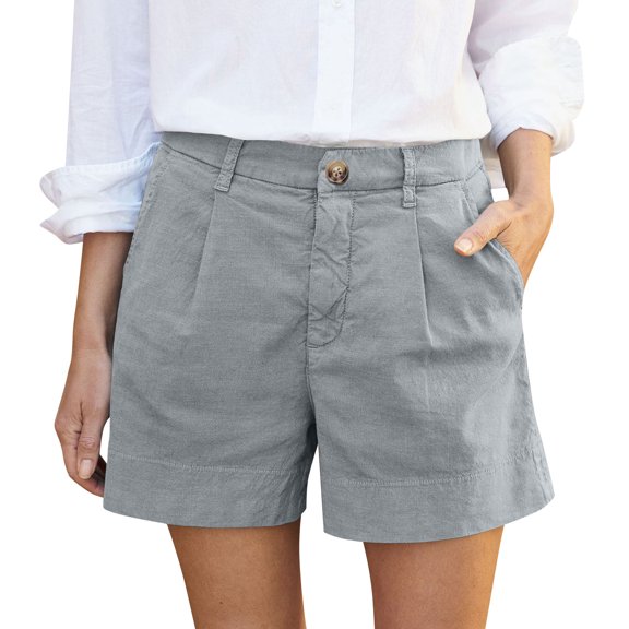 Fashion Olyvenn Linen Shorts for Women Dressy Casual Elastic High Waist Work Shorts Baggy Beach Summer Wide Leg Short Pants Pockets Light Blue L