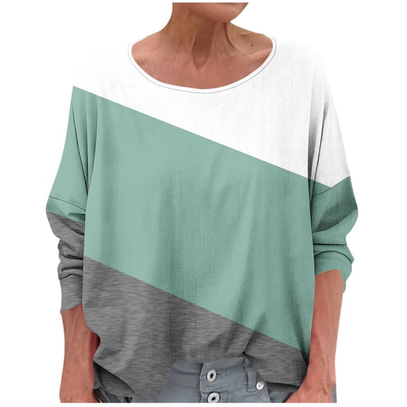 Fashion Olyvenn Long Sleeve Cotton Linen Shirts for Women Color Block Drop Shoulder Tops Round Neck Summer Blouses Dressy Casual Comfy Tees Green L