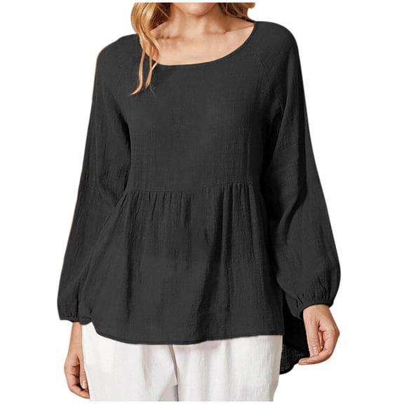 Fashion Olyvenn Plus Size Cotton Linen Shirts for Women Casual Crewneck Peplum Blouse Lantern Long Sleeve Lightweight Tunic Tops Black XXXXL