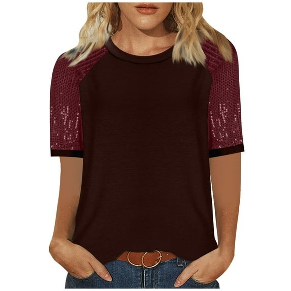 Savings Olyvenn Raglan Shirt Womens Sequins Short Sleeve Tops Basic T Shirt Casual Crewneck Stylish T Shirts Color Block Tees Wine L