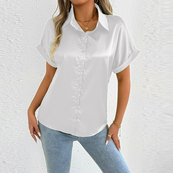 Fashion Olyvenn Satin Silk Button Down Shirts Women's Dress Shirts Collared Roll Up Short Sleeve Blouse Ladies Summer Office Work Tops White S