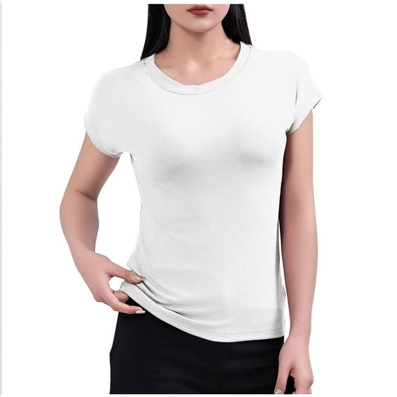 Fashion Olyvenn Short Sleeve Fitted Basic T Shirts for Women, Soft Crew Neck Basic Slim Tee Cute Trendy Summer Tops Tight Tees White XXL