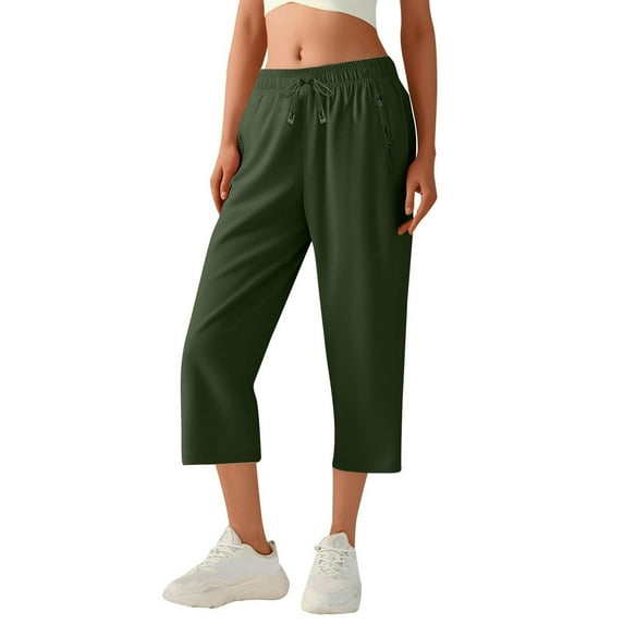 Fashion Olyvenn Straight Leg Pants for Women Solid Quick Dry Comfy Fit Stretch Active Capri Pant Casual Lightweight Wide Leg Capris Army Green S