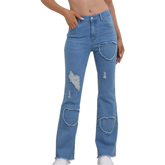 Fashion Olyvenn Vintage Bell Bottoms Flare Jeans for Women 90s High Waist Ripped Distressed Wide Leg High Rise Denim Pants Blue S
