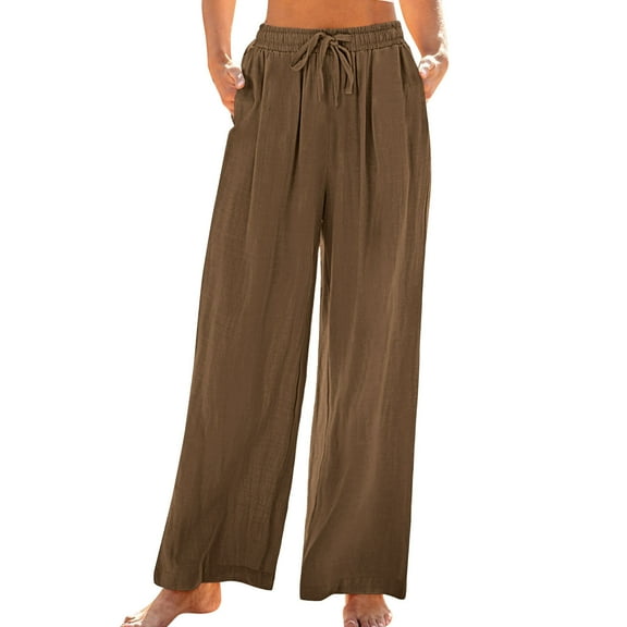 Fashion Olyvenn Wide Leg Pants Woman Linen High Waisted Pull On Flowy Casual Baggy Drawstring Palazzo Trousers Pants Resort Wear Coffee S