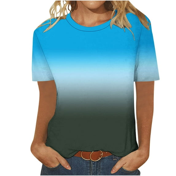 Fashion Olyvenn Women Gradient Color Shirts Short Sleeve Summer Topsd Ressy Casual Tunic Blouses Trendy Vacation Clothes Light Blue S