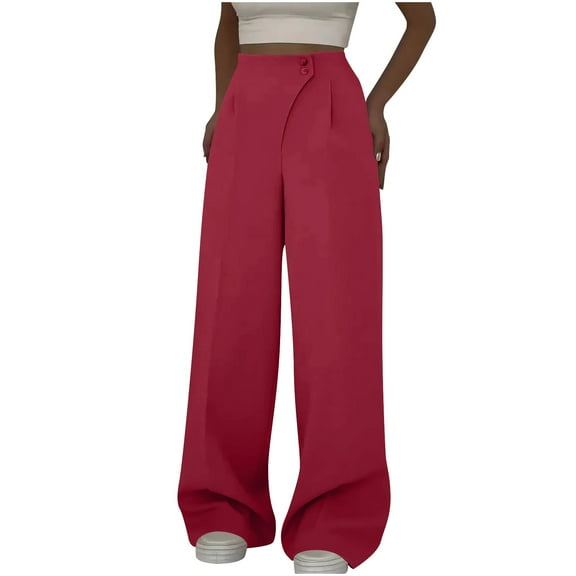Fashion Olyvenn Women High Waist Palazzo Pants Casual Wide Leg Trousers Button Down Loose Work Office Business Suit Pant Pockets Wine XL