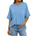 thumbnail image 1 of Fashion Olyvenn Women Oversized T Shirts Short Sleeve Crew Neck Summer Fashion Tops Casual Loose Top Basic Tee with Pocket Light Blue S, 1 of 7