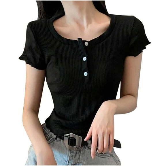 Fashion Olyvenn Women Ruched T-Shirts Slim Casual Summer Blouses Cute V Neck Button Trendy Tops Ruffle Short Sleeve Basic Solid Comfy Tee Black M