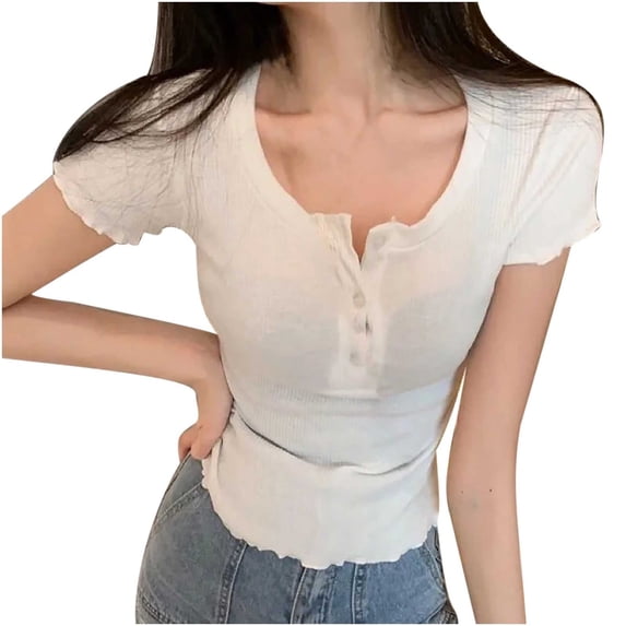 Fashion Olyvenn Women Ruched T-Shirts Slim Casual Summer Blouses Cute V Neck Button Trendy Tops Ruffle Short Sleeve Basic Solid Comfy Tee White M
