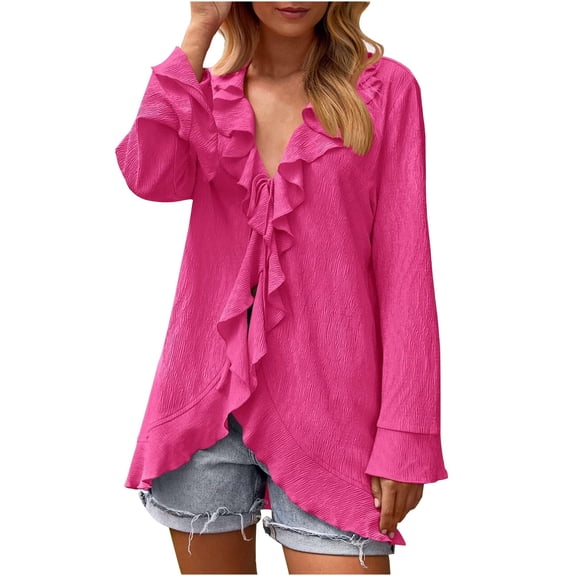 Fashion Olyvenn Women V Neck Ruffle Shirt Lantern Sleeve Blouses Loose Fit Tunic Tops Summer Beach Cover Up Hot Pink 10