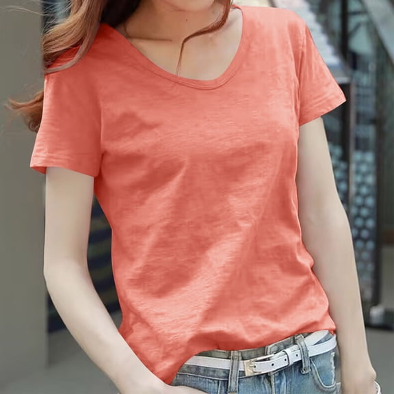 Fashion Olyvenn Women's Summer Slub Cotton T-Shirt Breathable Scoop Neck Tee Fashion Solid Loose Fit Casual Basic Top Orange XXXL
