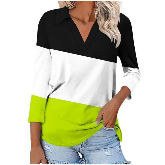 Fashion Olyvenn Women's 3/4 Sleeves V Neck Button Collared Shirts Basic Cute Tunic Tees Dressy Casual Color Block Tops Blouses Work Shirts Mint Green 16-18