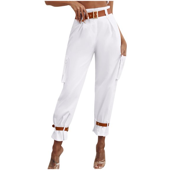 Fashion Olyvenn Women's Cargo Pant Straight Leg High Waisted Stretchy Pants Summer Trendy Y2K Slim Casual Trousers with Pockets White XL