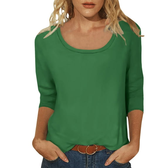 Fashion Olyvenn Women's Casual 3/4 Sleeve T-Shirts Round Neck Cute Tunic Tops Basic Tees Blouses Loose Fit Pullover Green S