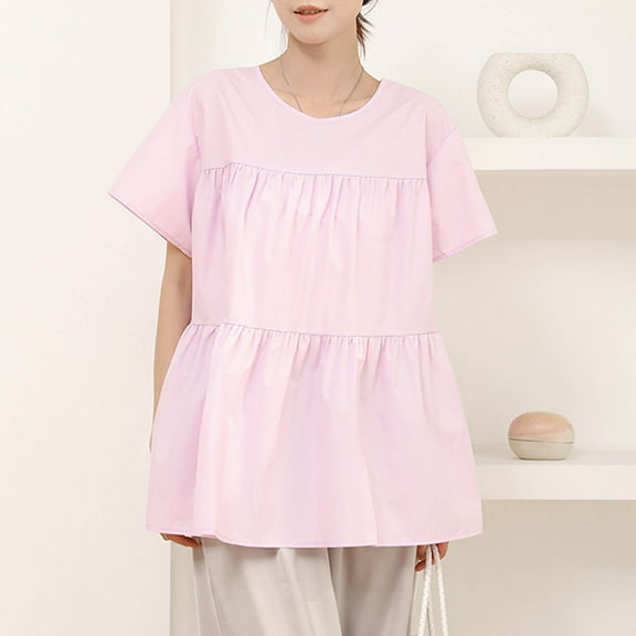 Fashion Olyvenn Women's Casual Ruffled Blouse Shirts Short Sleeve Peplun Babydoll Tops Crewneck Loose Tops Blouses Tunics Pink L