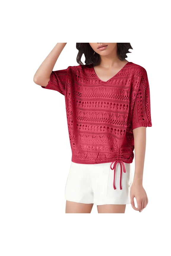 Fashion Olyvenn Women's Crochet Hook Hollow Out T Shirts V Neck Short Sleeve Pleated Tops Summer Comfy Breathable Beach Cover Ups Red L