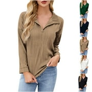 Fashion Olyvenn Women's Lapel V Neck Long Sleeve Shirts Fashion Blouse Textured Dressy Casual Pullover Sweater Tops Blue M