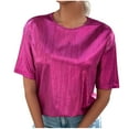 thumbnail image 1 of Fashion Olyvenn Women's Metallic Shiny Top Round Neck Short Sleeve Party Disco Tee Shirt Top Crew Neck Summer Fashion Shirts Hot Pink L, 1 of 9
