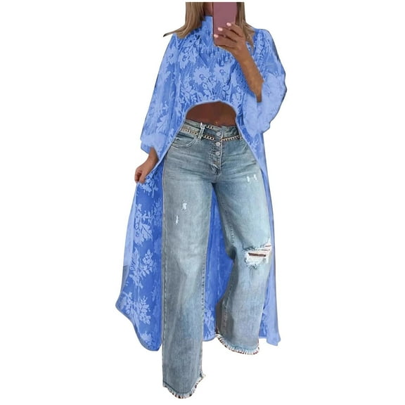 Fashion Olyvenn Women's Round Neck Lace Short Front and Long Back Casual Top, Long Sleeve Summer Floral Embroidery See-Through Cover-Up Blue S