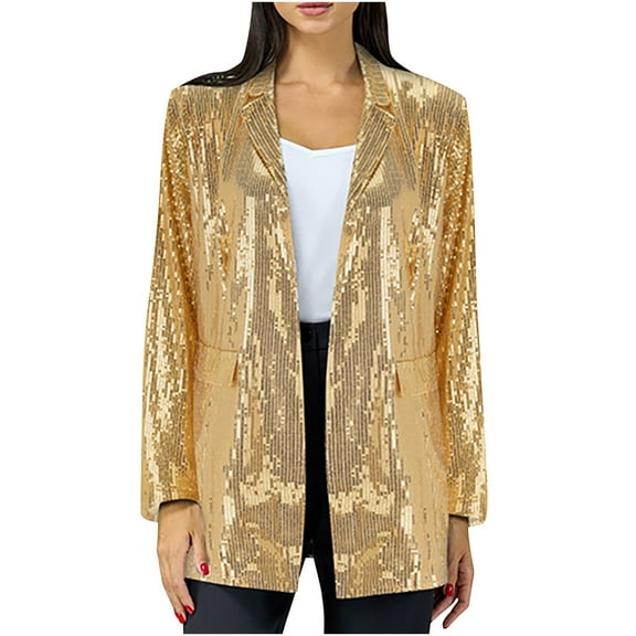Fashion Olyvenn Women's Sequin Blazer Long Sleeve Open Front Work Office Party Suit Jacket Outwear Sequin Blazer Suit Jacket for Women Trendy Yellow XXL