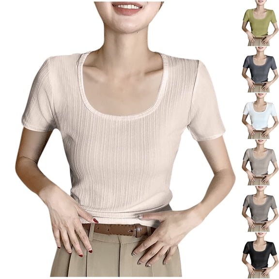 Fashion Olyvenn Women's Short Sleeve Scoop Neck T-Shirt Slim Fit Ribbed Knit Casual Tops Summer Basic Fitted Blouse Army Green L