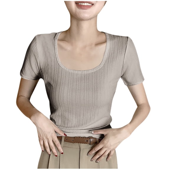 Fashion Olyvenn Women's Short Sleeve Scoop Neck T-Shirt Slim Fit Ribbed Knit Casual Tops Summer Basic Fitted Blouse Coffee M