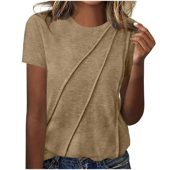 Fashion Olyvenn Women's Solid Color Pleated Tunic Tops, Summer Casual Lightweight Short Sleeve Tees Shirt Comfy Breathable Clothes Beige 16-18
