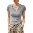 thumbnail image 1 of Fashion Olyvenn Women's Summer Ribbed V-Neck Tee Thin Knit Casual Office Top Slim Fit Solid Color Cap Short Sleeve Pullover Gray S, 1 of 7