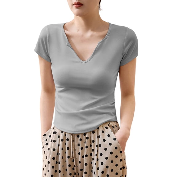 Fashion Olyvenn Women's Summer Ribbed V-Neck Tee Thin Knit Casual Office Top Slim Fit Solid Color Cap Short Sleeve Pullover Gray S