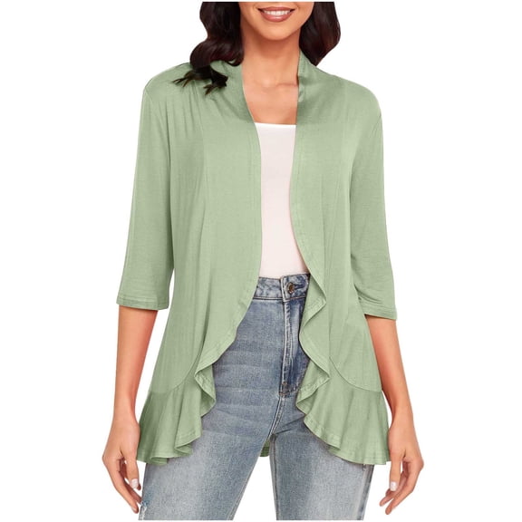 Fashion Olyvenn Women's Summer Ruffle Open Front 3/4 Sleeve Lightweight Drape Cardigan Sweater with Pockets Green 6