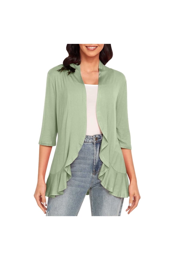 Fashion Olyvenn Women's Summer Ruffle Open Front 3/4 Sleeve Lightweight Drape Cardigan Sweater with Pockets Green 6