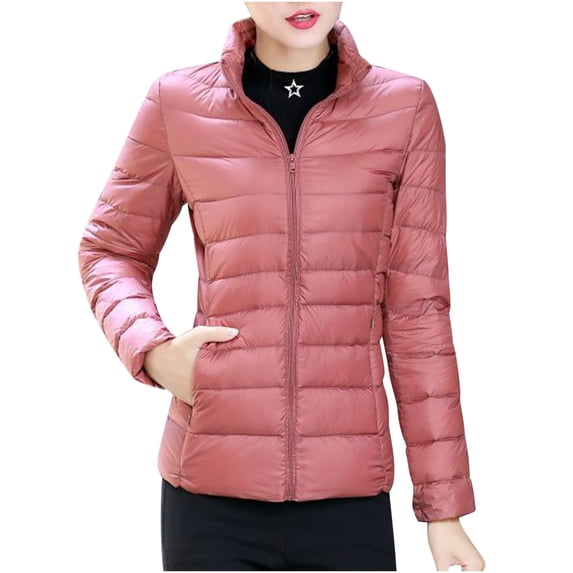 Fashion Olyvenn Women's Winter Stand Collar Lightweight Down Jackets Solid Color Zipper Pockets Slim Puffer Coat Warm Outwear Pink 14