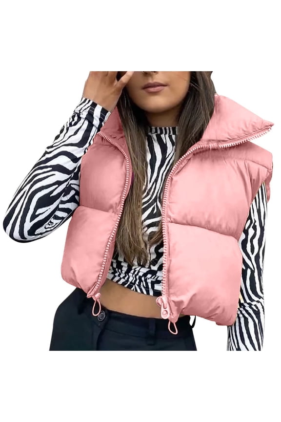 Fashion Olyvenn Women's Winter Vest Stand Collar Sleeveless Solid Color Down Vest Short Puffer Jacket Coat Vest Short Puffer Jacket for Women Trendy Pink 4